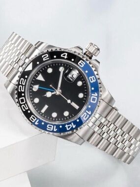 Stainless Steel  GMT-Style Men's Watch with Black Dial and Blue/Black Bezel